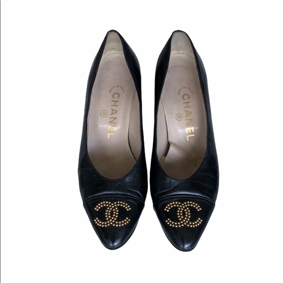 CHANEL Shoes - Chanel vintage black leather logo pumps size 36